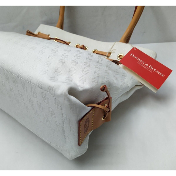 Dooney & Bourke White Canvas Leather Trim Double Handle Tassel Tote Bag - Picture 16 of 16